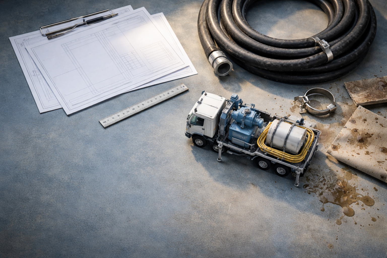 Top-down flat-lay showing blank technical papers, an unbranded scale model of a mobile water-pump truck, a coiled rubber hose, metal clamp and water-stained canvas arranged in the upper two-thirds, with the bottom third left empty.
