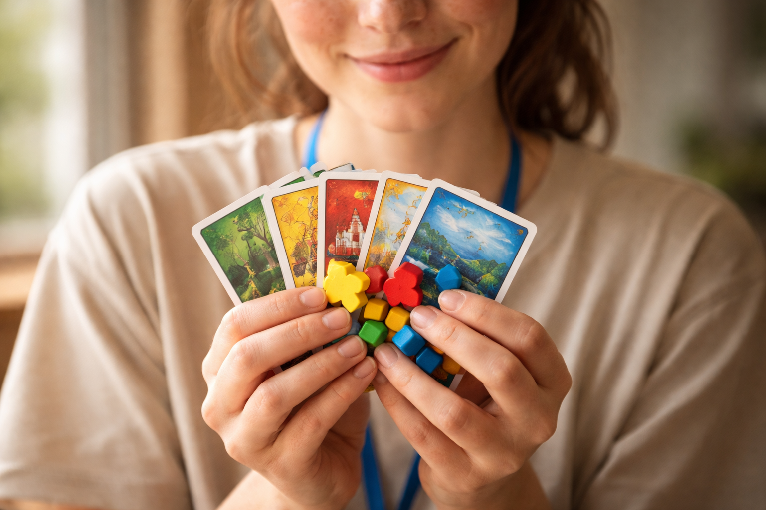Close-up portrait of a smiling young volunteer holding colorful unbranded board-game cards and wooden tokens, lit by warm natural light with a softly blurred background and an uncluttered, darker lower third.