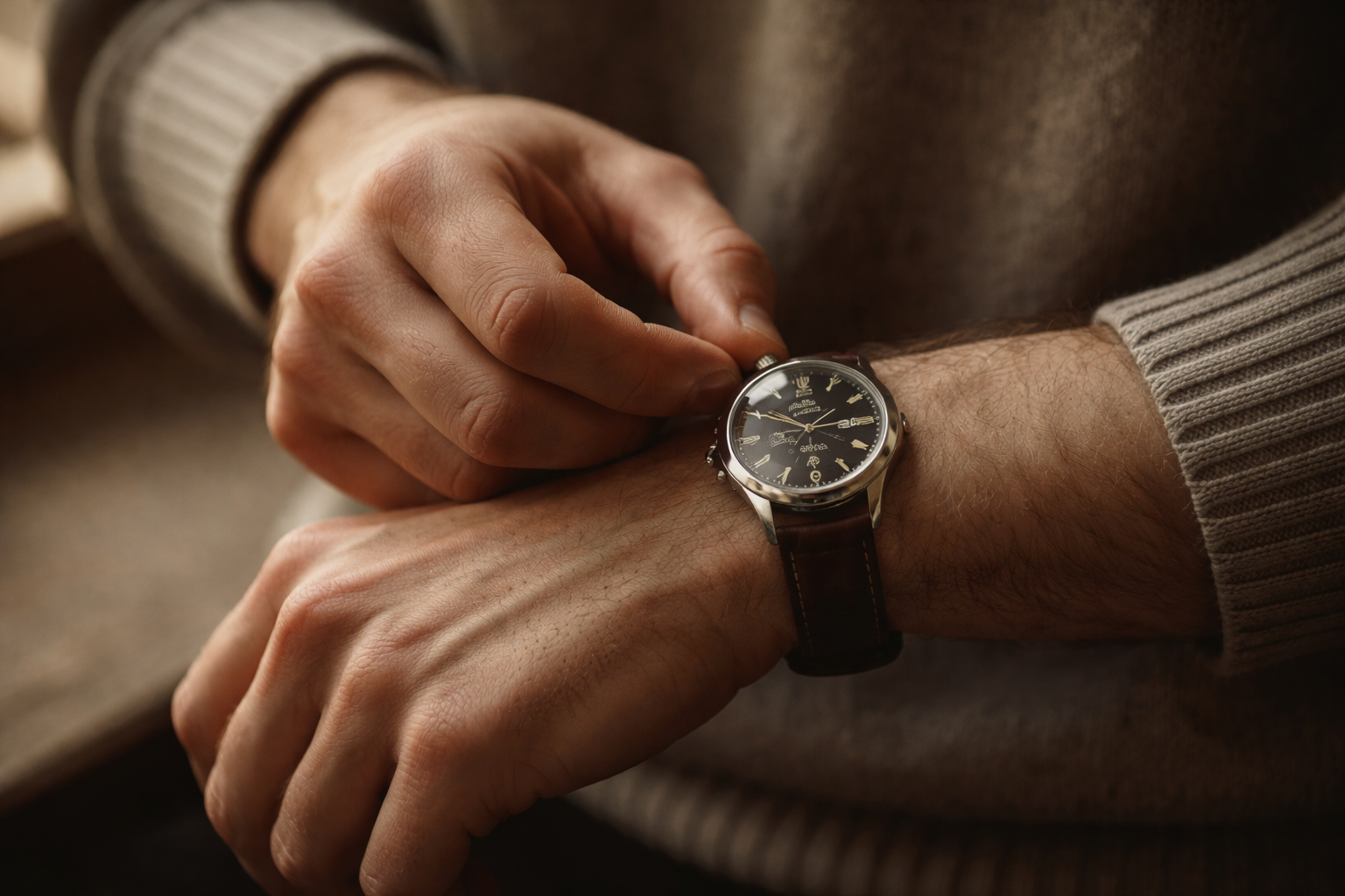 Macro close-up of anonymous hands adjusting a mechanical wristwatch in warm side light, shallow focus with the lower third softly blurred and empty.