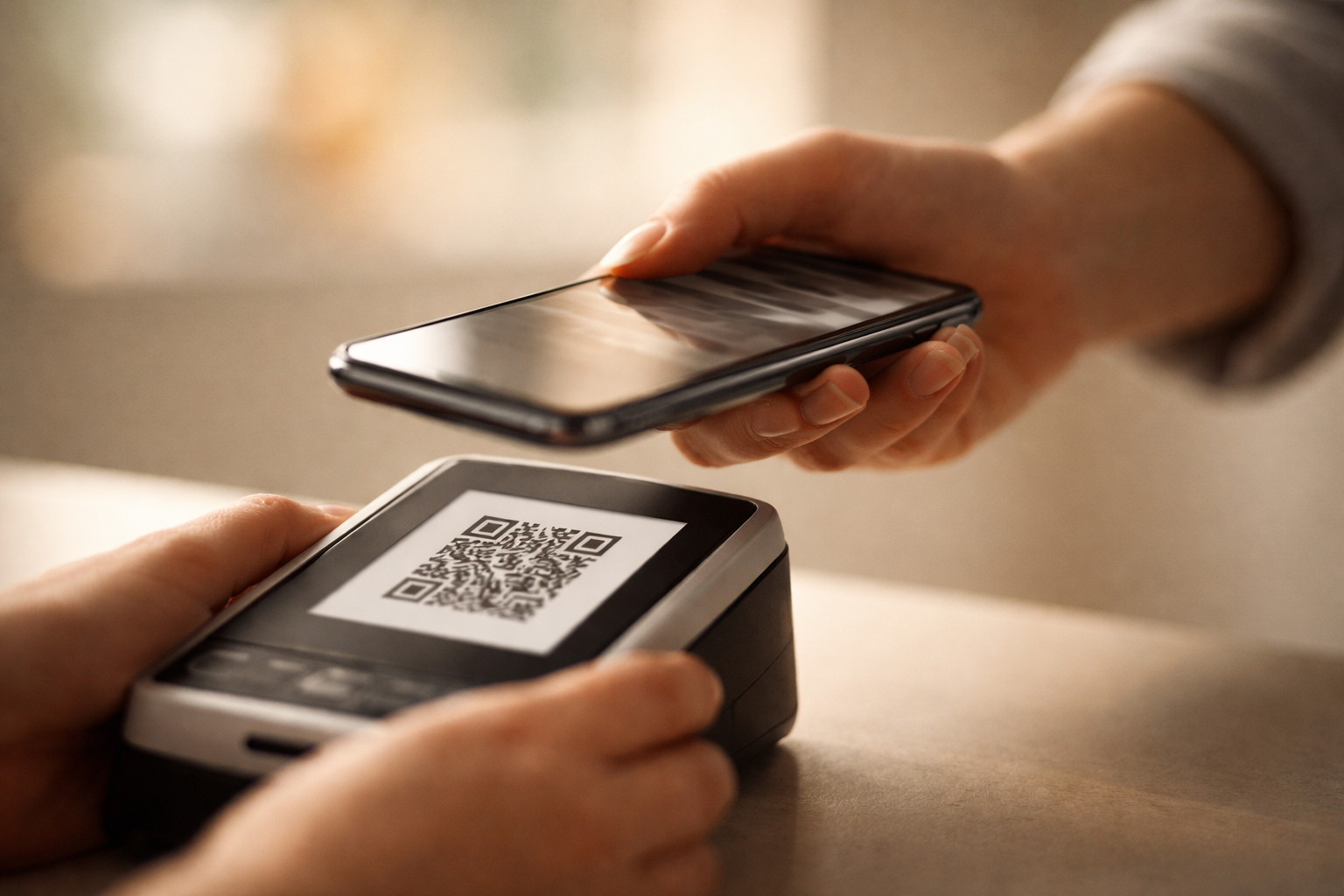 Close-up motion shot of anonymous hands scanning a generic QR pattern with an unbranded smartphone and contactless terminal, soft warm light and gentle blur; lower third kept clear.