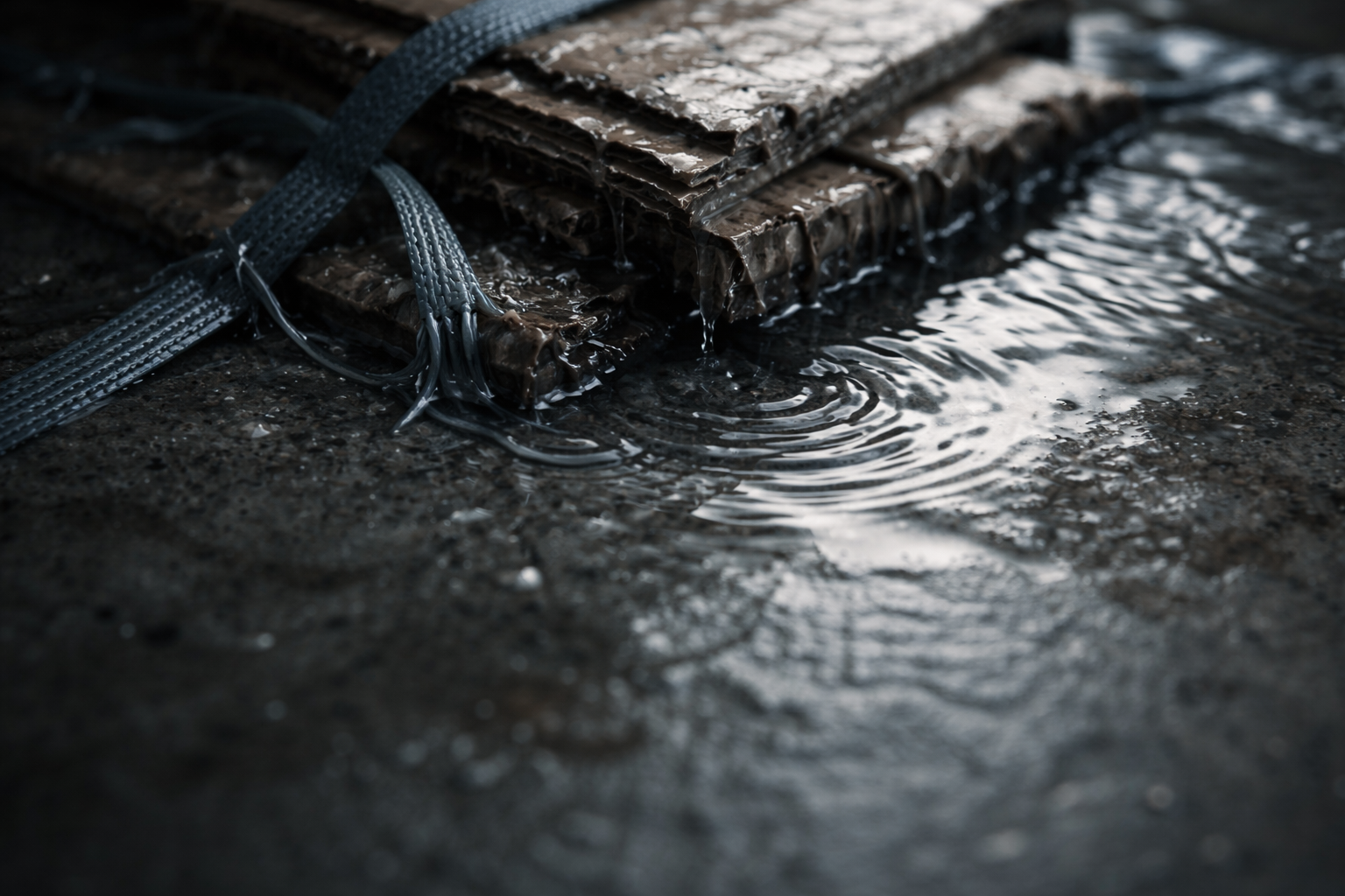 High-angle macro image of rainwater pooling and rippling around soaked corrugated cardboard edges and plastic strapping on rough concrete, muted blue-gray tones, main detail in the upper two-thirds with a quiet lower third.