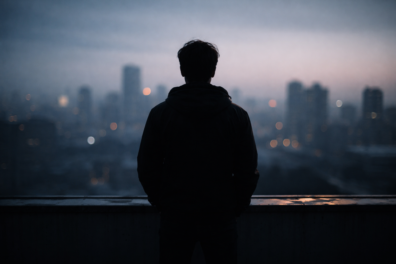 Silhouette of an anonymous person standing on a rooftop at dusk with a softly lit city skyline in the background and an empty lower third.
