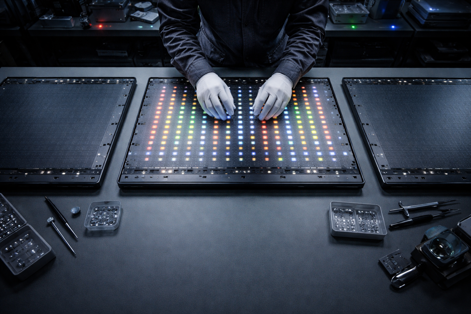 High-angle view of a technician workstation showing gloved hands placing small glowing RGB MiniLED modules onto three flat TV panels, cool overhead lighting and muted blues with the lower third of the frame kept empty.