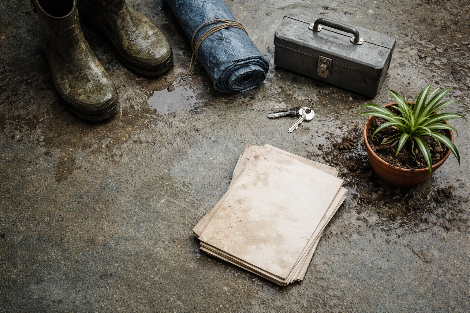 Top-down photo of wet, unbranded household items — muddy rubber boots, rolled tarp, small toolbox, keys and soaked blank papers — arranged on weathered concrete in the upper two-thirds of the frame with a calm, uncluttered lower third.