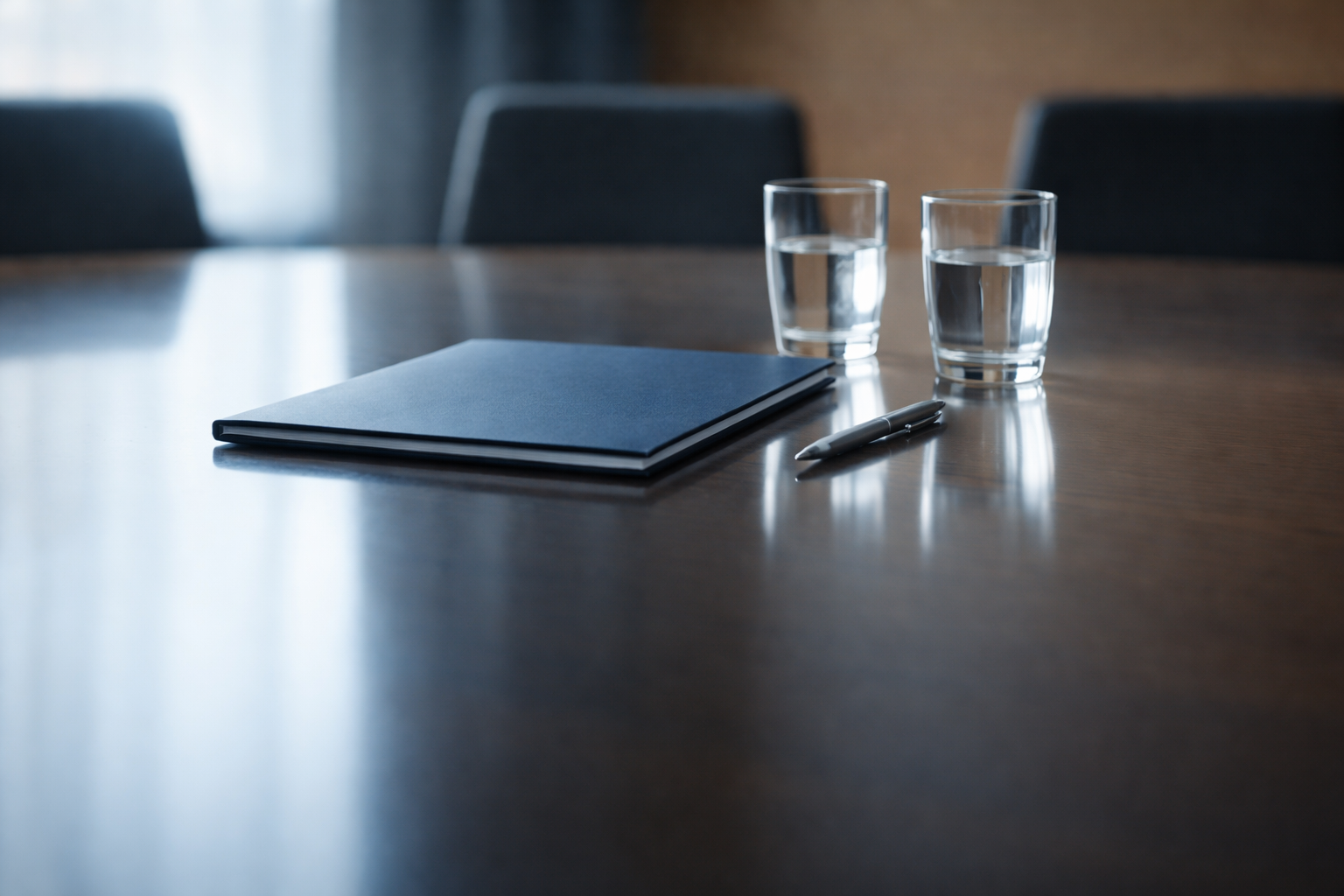 Low-angle view of a glossy conference table showing a closed plain folder, two water glasses and a pen with soft reflections and blurred empty chairs in the background; the bottom third of the frame is left clear.