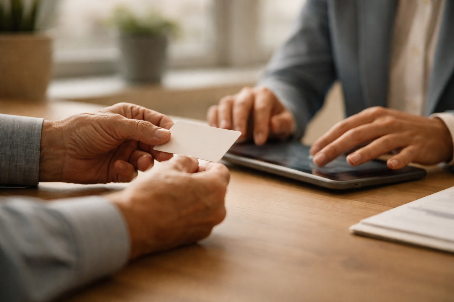 Motion-focused close-up of cropped, faceless hands—an older person handing a plain policy card while another pair of hands swipes a tablet; warm soft light and shallow depth of field, with the scene centered in the upper part and the lower third left quiet.