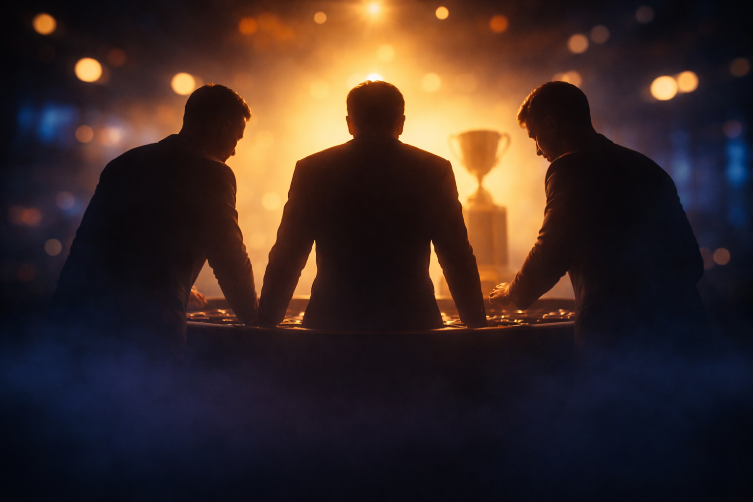 Backlit silhouettes of three anonymous people gathered around a casino gaming table with an unbranded glass trophy glowing behind them, warm gold rim light and deep blue bokeh, and a blurred, uncluttered lower third.