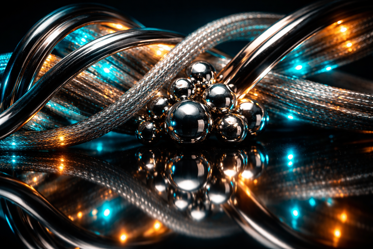 Close-up of polished metal arcs, braided fiber‑optic cables and mirrored spheres clustered in the top two-thirds, softly reflected on a glossy dark surface with teal and warm-gold rim lighting; the lower third is left clean and uncluttered.