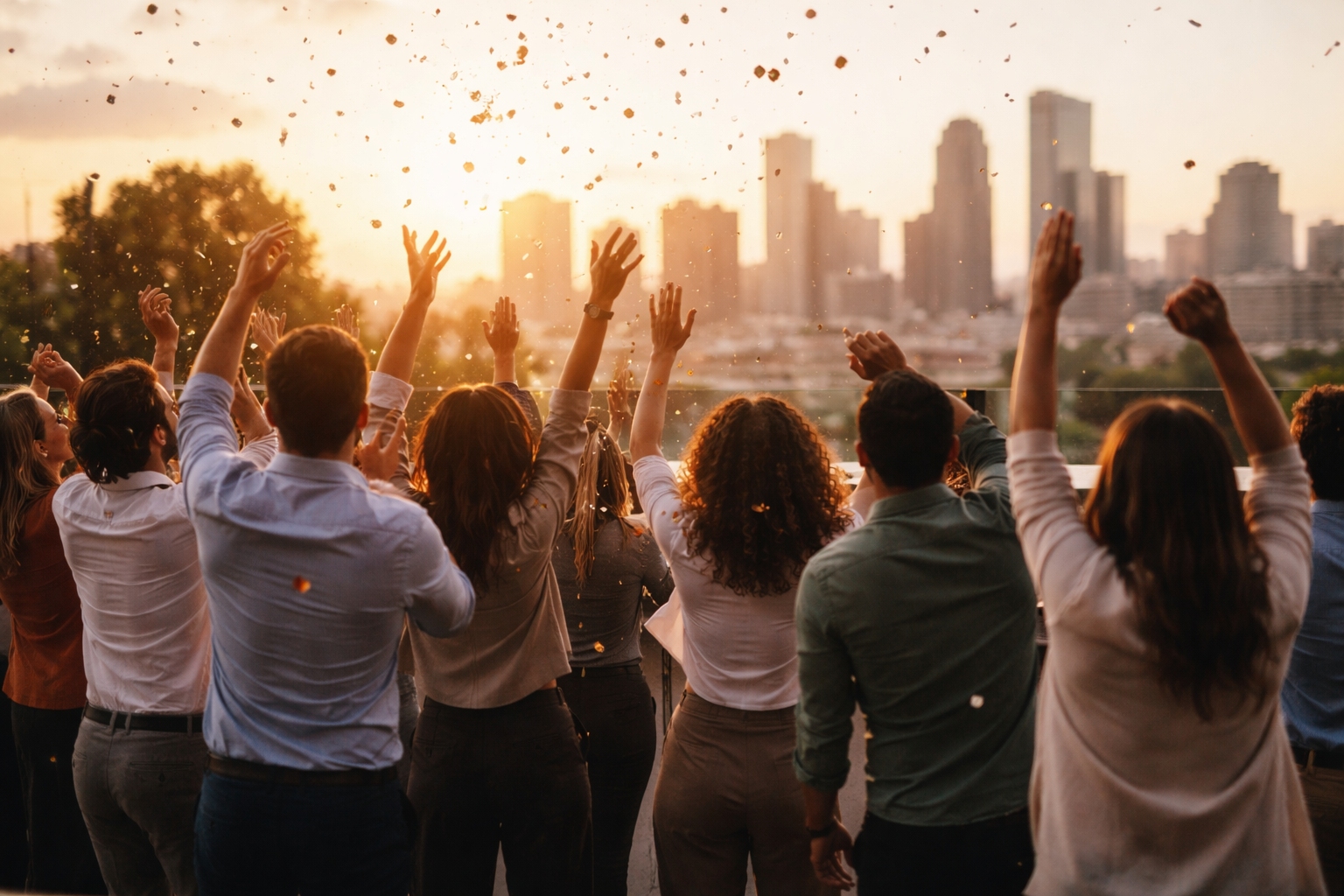 Wide golden-hour rooftop scene of a diverse group of anonymous employees—mostly seen from the back or in soft blur—celebrating with raised hands and light confetti against a softly blurred city skyline, with the lower third left empty.