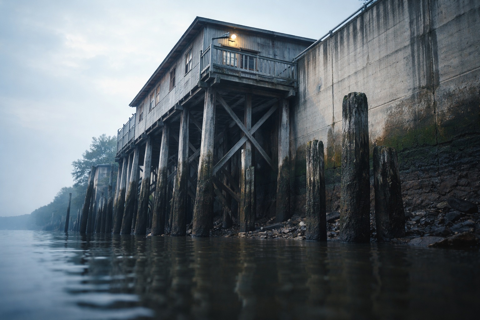 Low-angle view from beneath a raised riverside building and concrete flood barrier showing weather-stained pilings, damp beams and soft reflections on calm water under an overcast sky, with the lower third of the frame kept empty.