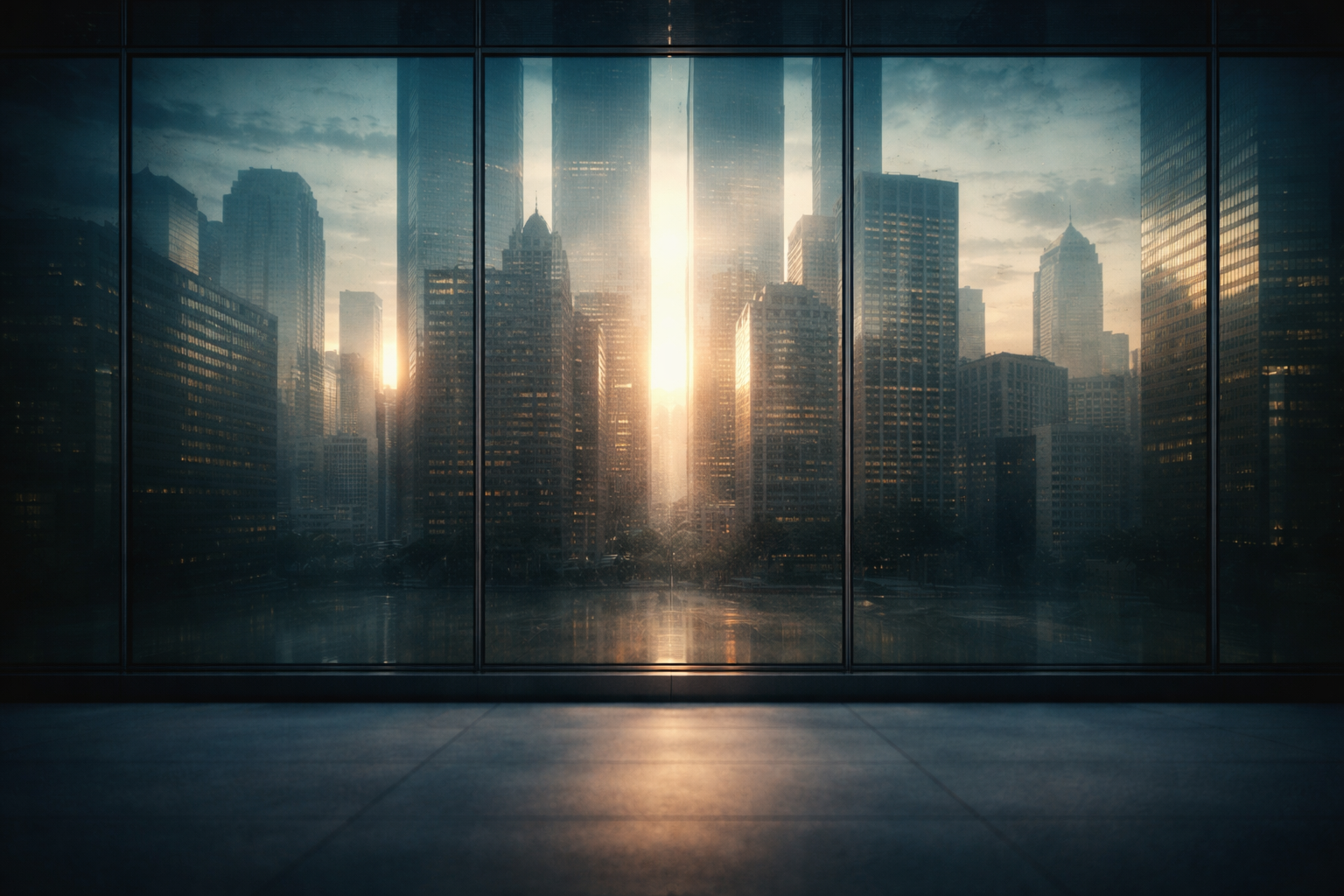 Reflected cityscape in a glass office façade: overlapping abstract buildings and sky with three vertical light streaks near the center, soft dawn tones and a quiet, empty lower third.