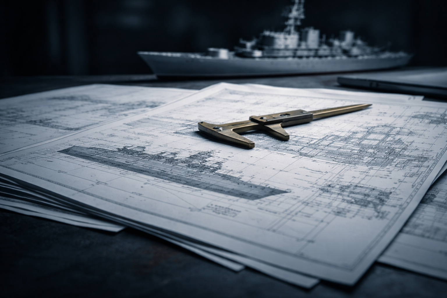 Low-angle close-up of layered unlabelled naval schematics on a dark workbench with a brass caliper and a blurred small steel ship model toward the upper frame, lit in cool desaturated tones; the bottom third of the image is dark and uncluttered.