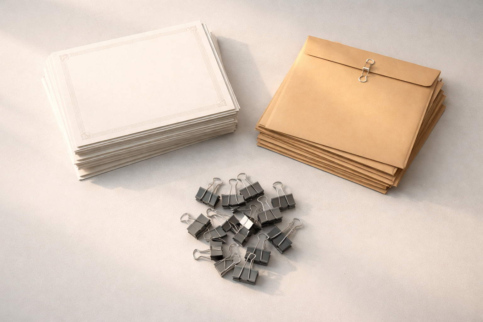 Top-down aerial photo of three neatly arranged piles of blank certificate-style papers, sealed manila envelopes and metal binder clips clustered in the upper two-thirds of a muted tabletop, with the lower third intentionally left empty.
