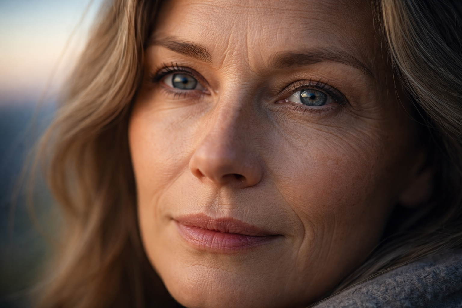 Tight macro portrait of a fictional middle-aged woman showing her eyes and upper face in soft side light, centered in the upper two-thirds with a blurred darker lower third left empty for a headline band.