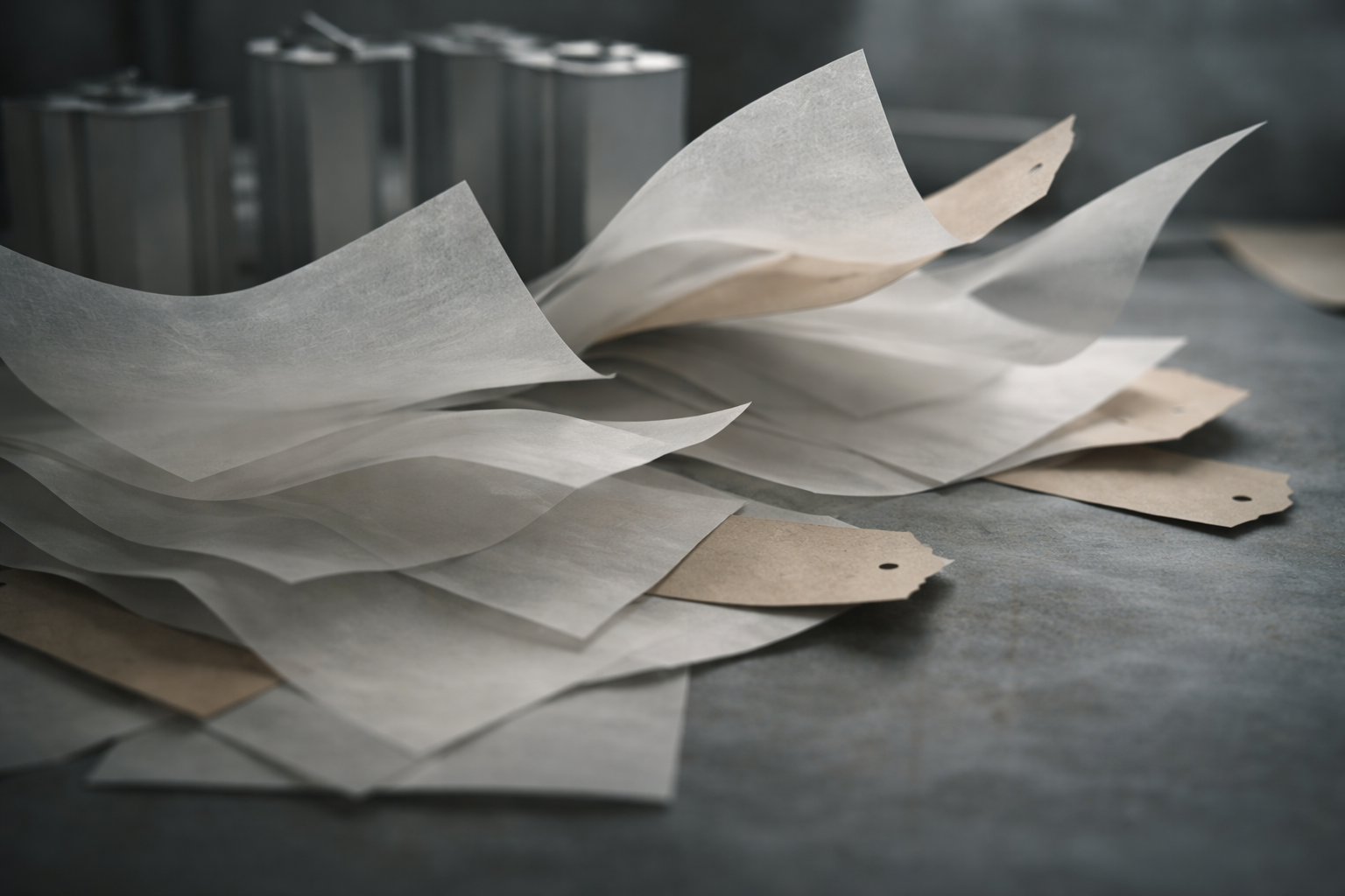 Translucent blank sheets and plain kraft tags ripple across a worktable beside softly blurred unbranded battery-cell forms.