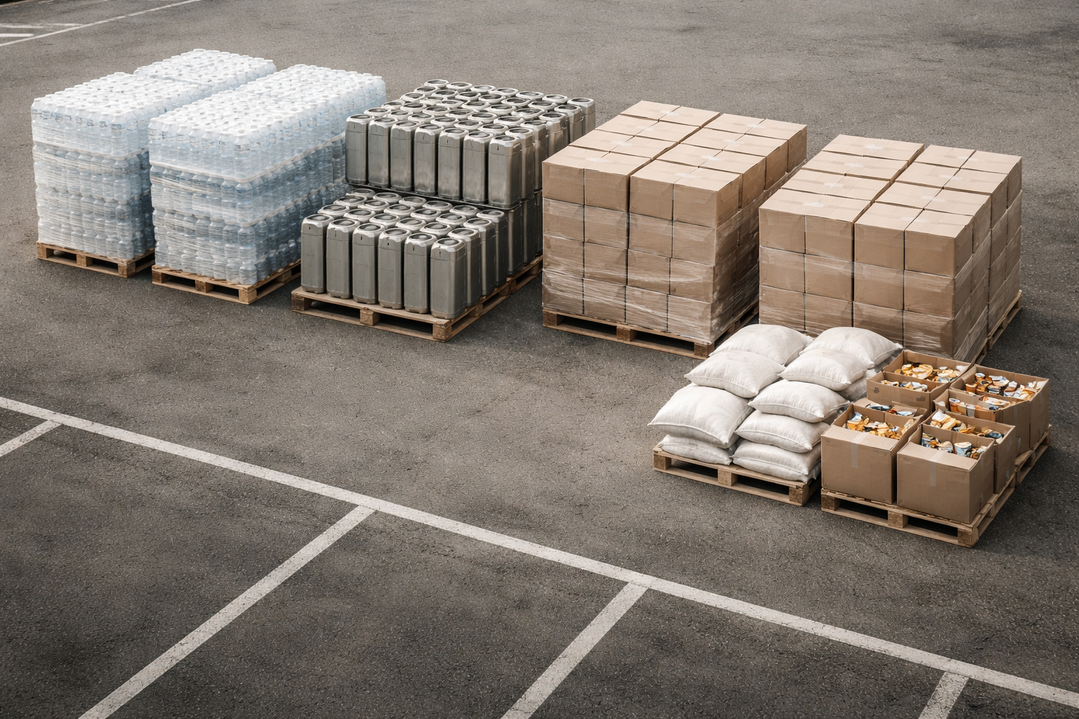 High-angle photo showing pallets of bottled water, unbranded fuel jerrycans and stacks of boxed dry food arranged on asphalt in the upper two-thirds, with empty parking bays and a quiet uncluttered lower third.