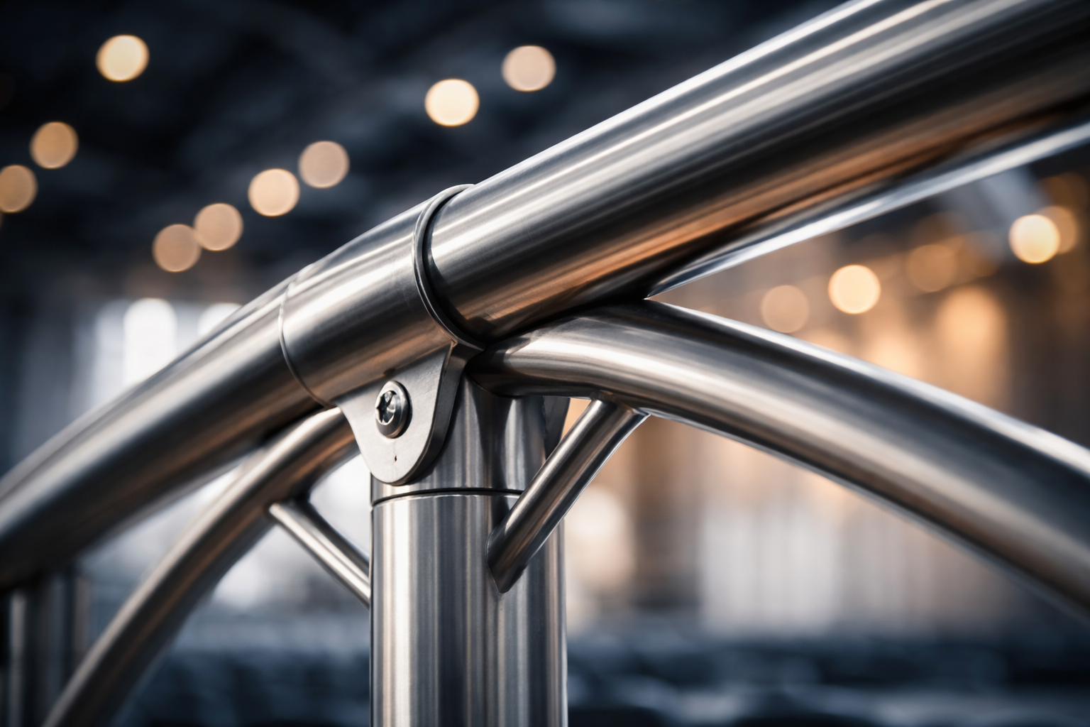 Tight macro of a brushed steel handrail and curved truss inside a conference hall, shallow depth of field with warm out-of-focus stage lights above a quiet, uncluttered lower third.