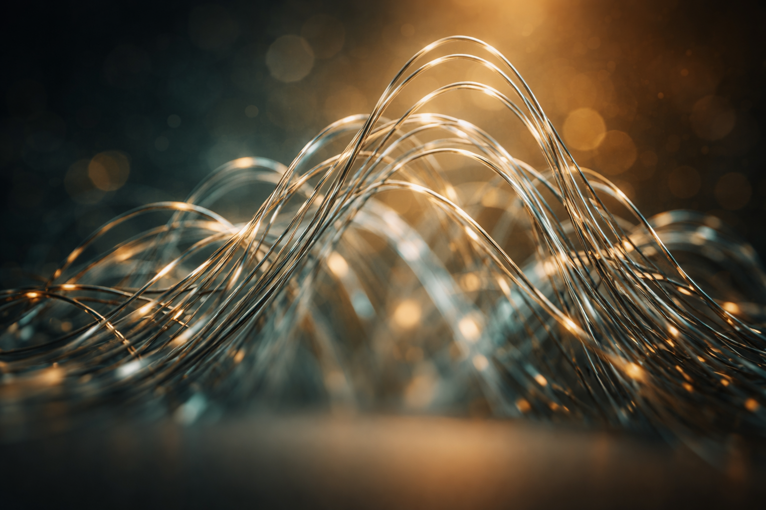 Low-angle close-up of interlaced metallic wires and translucent filaments arcing upward in a warm gold and muted teal palette, with soft bokeh and a clear, uncluttered lower third.