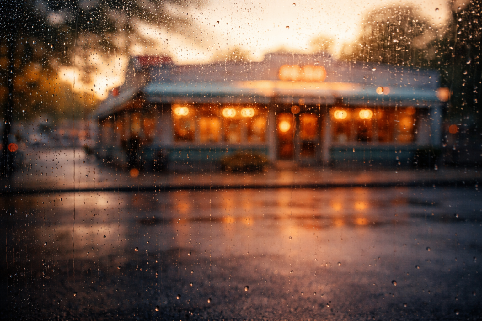 Rain-speckled storefront glass reflecting a blurred, anonymous diner-style building and empty street in warm morning light, with the main reflected form centered in the upper part of the frame and the bottom kept clear.