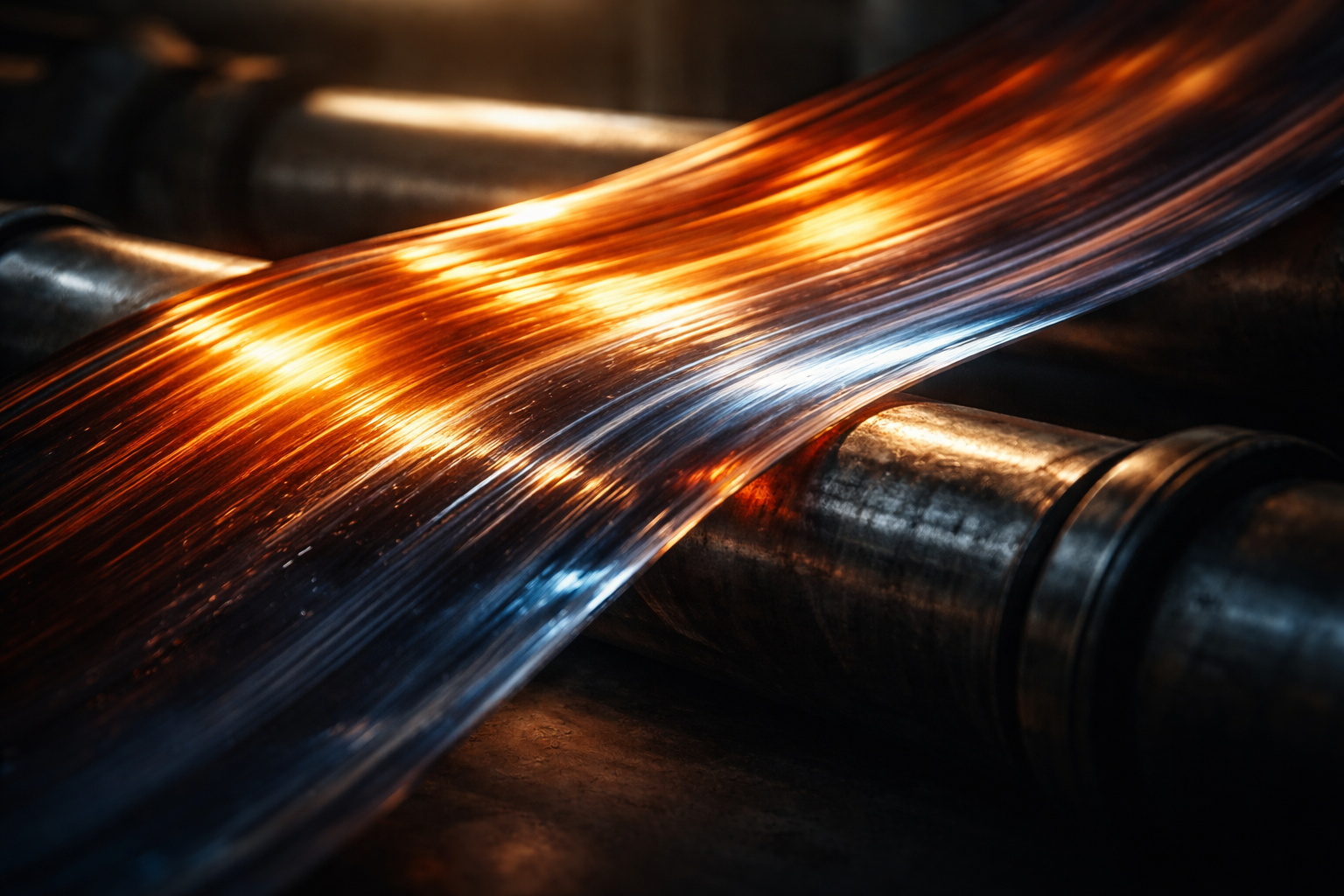 Close-up motion-detail of a glowing glass ribbon being pulled across rollers, with diagonal streaks of orange and blue light, shallow focus and a quiet lower third.