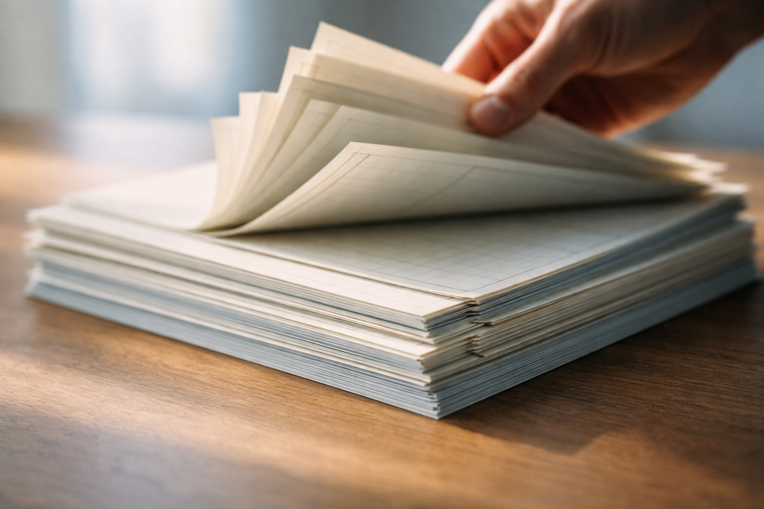 Close-up of an anonymous hand fanning unbranded cream and pale-blue papers on a wooden table, motion blur on the moving hand and sharp paper texture in the center, with the lower third left visually quiet.